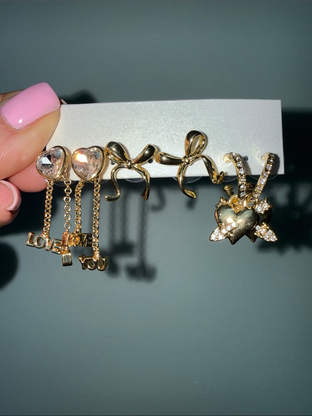 3 Pair Gold Tone Heart Bow Rhinestone Dangle Earrings Set Coquette